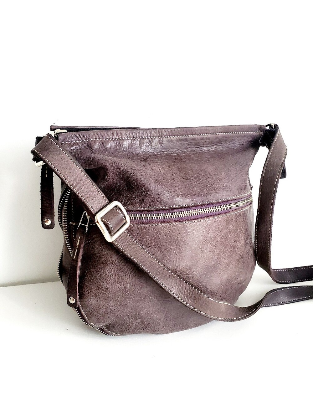 Roots Purple-Brown Leather Crossbody Bag
